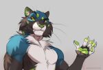  2021 5_fingers anthro black_body black_fur blue_body blue_fur digital_media_(artwork) felid feline fingers fur green_nose koul male mammal nude solo white_body white_fur 