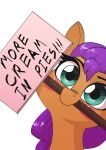  absurd_res blush blush_stickers english_text equid equine female fur green_eyes hair hasbro hi_res horse looking_at_viewer mammal mlp_g5 mouth_hold my_little_pony orange_body orange_fur pony purple_hair sign simple_background solo sunny_starscout_(mlp) text underpable white_background 