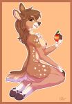  2021 absurd_res anthro apple areola border breasts brown_body brown_eyes brown_fur brown_hair butt cervid chest_tuft cloven_hooves digital_media_(artwork) ear_piercing elbow_tufts eri_(feral.) eyebrows eyelashes female fingerless_(marking) fur hair hi_res hooves inner_ear_fluff ketty kneeling looking_at_viewer mammal nipples nude orange_border piercing shaded sitting solo spots thick_thighs tongue tongue_out tuft 