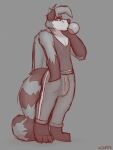  2021 3:4 anthro bulge candy clothed clothing dessert erection erection_under_clothing food fur genital_outline gum hi_res male mammal markings monochrome penis_outline procyonid raccoon simple_background solo striped_markings striped_tail stripes tail_markings winter_(artist) 
