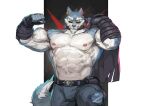  abs absurd_res anthro areola armwear belt biceps biped blue_body blue_fur bottomwear canid canine canis clothed clothing collar dislyte ear_piercing ear_ring eye_scar eyewear facial_scar fenrir_(dislyte) flexing fur hi_res holding_object looking_at_viewer male mammal muscular muscular_anthro muscular_male nipples pants pecs piercing scar solo sunglasses topless torn_clothing traver009 vein white_body white_fur wolf yellow_eyes 