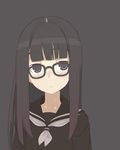  :&lt; bangs black_eyes black_hair blunt_bangs blush glasses long_hair original oza_watto school_uniform serafuku simple_background solo 