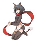  animal_ears black_hair green_eyes kasa kiki_(koba) midriff navel original red_scarf scarf short_hair shorts solo thighhighs 