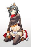  animal_ears black_hair green_eyes kawazu kiki_(koba) kneeling midriff navel original red_scarf scarf short_hair short_shorts shorts solo thighhighs 