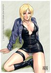  aya_brea azasuke blonde_hair breasts cleavage highres large_breasts leather non-web_source open_clothes open_shirt panties pantyshot parasite_eve parasite_eve_ii shirt solo thigh_strap underwear 