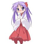  blue_eyes blush full_body hakama highres hiiragi_kagami japanese_clothes long_hair lucky_star miko purple_hair red_hakama solo transparent_background twintails vector_trace 