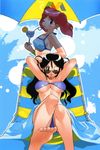  armpits bandeau barefoot bikini black_hair breasts chair cherry cleavage feet food foreshortening fruit hinata_aki hinata_natsumi keroro_gunsou large_breasts long_hair lounge_chair mature mother_and_daughter mouth_hold multiple_girls one_eye_closed red_hair soles sunglasses swimsuit toes twintails underboob yoshizaki_mine 
