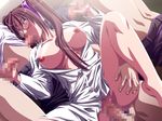  aikawa_arisa breasts brown_hair censored clothed_sex fellatio gangbang glasses group_sex handjob kurai_mirai large_breasts long_hair nipples open_clothes open_shirt oral penis purple_eyes sex shirt 