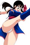  black_eyes black_hair breasts chi-chi_(dragon_ball) chichi dragon_ball dragonball dragonball_z gloves highres injury kick kicking open_mouth panties scar scratches simple_background torn_clothes underwear 
