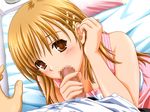  1boy 1girl adjusting_hair artist_request barrette bed blonde_hair blush brown_eyes censored character_request fellatio hair_ornament hairclip long_hair looking_at_viewer oral penis solo_focus source_request 