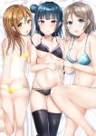  3girls :d bangs bed_sheet black_bra black_legwear black_panties blue_bra blue_eyes blue_hair blue_panties blush bra breasts brown_eyes brown_hair cleavage closed_mouth commentary_request eyebrows_visible_through_hair fingernails groin hair_between_eyes hair_bun highres kunikida_hanamaru leg_up long_hair looking_at_viewer looking_back love_live! love_live!_sunshine!! lying medium_breasts morerin multiple_girls navel on_back on_side on_stomach open_mouth panties panty_pull red_eyes smile soles thighhighs tsushima_yoshiko underwear watanabe_you yellow_bra yellow_panties 