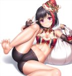  1girl arm_warmers armpits ass bang_dream! bangs bare_legs bare_shoulders barefoot black_choker black_gloves black_hair black_shorts blush bow bowtie breasts buttons choker cleavage closed_mouth collarbone crop_top earrings elbow_gloves eyebrows_visible_through_hair fingerless_gloves glint gloves gold_trim hands_up hat holding holding_sack jewelry knee_up lace lace-trimmed_gloves lambda_(kusowarota) looking_at_viewer medium_breasts midriff mitake_ran multicolored_hair navel reclining red_eyes red_hair red_hat red_neckwear red_shirt sack santa_hat shadow shirt short_hair short_shorts shorts sidelocks simple_background sleeveless sleeveless_shirt smile solo star star_earrings stomach streaked_hair striped thighs w white_background 