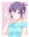  1girl ;) bangs black_hair blue_eyes blue_shirt clenched_hand collarbone e20 halterneck hand_up heart looking_at_viewer off-shoulder_shirt one_eye_closed original pink_background ponytail shirt sidelocks simple_background smile solo 