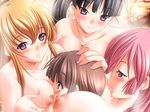  1boy 3girls alcia_elgarant breast_smother breasts cg game game_cg girl_sandwich hgame m&amp;m magical_witch_academy maho multiple_girls nail_polish nude sandwiched sizuna_kadokura sylvia_weper 