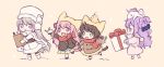  4girls animal_hat azur_lane bag bangs belt bird black_coat black_hair blush box brown_cat cape cat_hat chibi chick chick_on_head christmas commentary_request earmuffs enterprise_(azur_lane) full_body fur-trimmed_cape fur_trim gift gift_box gloves green_eyes grey_hair hair_ribbon hand_holding hat holding holding_bag holding_box innertube_hair_ornament kisaragi_(azur_lane) long_hair long_sleeves looking_at_another looking_at_viewer minakami_rinka multiple_girls mutsuki_(azur_lane) object_on_head one_side_up paper_bag pink_coat pink_eyes pink_hair purple_eyes purple_hair red_ribbon red_scarf ribbon scarf side_bun skirt smile snow_bunny snowing stuffed_unicorn twintails unicorn_(azur_lane) white_cape white_coat white_hat winter winter_clothes yellow_hat yellow_skirt 