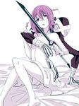  androgynous barefoot bed crona_(soul_eater) flat_chest jpeg_artifacts lowres monochrome nude purple purple_eyes purple_hair short_hair shuri_(84k) solo soul_eater 