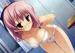  bent_over blush bra breasts brown_eyes cleavage covered_nipples imageboard_sample kobuichi large_breasts lingerie panties pink_hair see-through solo tenshinranman tokiwa_mahiro underwear wet 