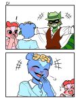  anthro blue_body blue_fur blush chipmunk clothing ev_htf_(artist) eyes_closed female flower fur giggles_(htf) green_body green_fur ground_squirrel group happy happy_tree_friends hat headgear headwear hi_res male mammal mephitid petunia_(htf) plant procyonid raccoon rodent sciurid shifty_(htf) skunk spread_arms 