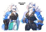  2021 abs anthro belt biceps big_muscles canid canine canis cheong_hwan clothing digital_media_(artwork) duo fingerless_gloves fur gloves hair handwear hi_res huge_muscles male mammal muscular muscular_anthro muscular_male pecs red_eyes simple_background white_hair wolf wolfmalro 