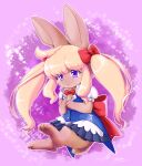  2020 3_toes accessory anthro blonde_hair blush brown_body brown_fur feet female fur hair hair_accessory hair_ribbon hi_res lagomorph leporid looking_at_viewer mammal open_mouth pigtails purple_eyes rabbit ribbons simple_background solo toes togeshiro_azami 