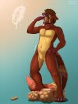  2021 3:4 4_toes 5_fingers absurd_res ailurid anthro anthro_pred athletic athletic_anthro athletic_male bag barefoot biceps big_tail biped bodily_fluids brown_eyebrows brown_hair cheek_tuft claws colored connor_(dasfox) countershade_torso countershading crotch_tuft digital_drawing_(artwork) digital_media_(artwork) digitigrade dripping drooling eating eating_food eyebrows facial_markings facial_tuft fangs feet fingers fluffy fluffy_tail food food_in_mouth front_view full-length_portrait fur fur_markings fur_tuft gaping_mouth gradient_background green_background green_eyes grey_background grey_text hair half-closed_eyes hand_on_hip hand_on_leg head_markings hi_res holding_object hungry long_tail looking_down male male_pred mammal markings motion_lines multicolored_body multicolored_fur narrowed_eyes navel neck_bulge nude object_in_mouth object_vore onomatopoeia open_mouth open_smile paws pecs pink_markings pink_nose pink_tongue plant portrait potato pushing red_panda ring_(marking) ringtail rumbling_stomach saliva saliva_drip saliva_string shaded short_hair simple_background smile solo sound_effects standing stuffing swallowing tail_markings teeth text thebestvore thick_tail three-quarter_view toe_claws toes tongue triceps tuft two_tone_body two_tone_fur vegetable vore watermark white_claws yellow_body yellow_countershading yellow_fur yellow_markings 