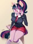  absurd_res anthro anthrofied bottomwear clothed clothing equid equine eyewear female friendship_is_magic glasses hair hi_res horn mammal mrscurlystyles my_little_pony shirt simple_background skirt smile solo topwear twilight_sparkle_(mlp) unicorn wide_hips 