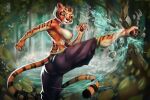  3:2 abs absurd_res action_pose anthro barefoot big_butt breasts butt claws clothed clothing dreamworks feet felid female hi_res kick kung_fu_panda mammal master_tigress muscular muscular_anthro muscular_female nipples pantherine pose serratus solo tail_motion tiger toe_claws topless verakultura 