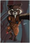  2021 anthro balls big_penis bodily_fluids bodysuit brown_body brown_fur clothed clothing cum digital_media_(artwork) erection erokaiga fur genital_fluids genitals guardians_of_the_galaxy hi_res humanoid_genitalia humanoid_penis looking_at_viewer male mammal marvel penis perspective precum presenting presenting_penis procyonid raccoon rocket_raccoon selfie signature skinsuit smile smirk solo tight_clothing white_body white_fur 