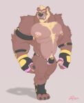  2019 5_fingers 6_toes anthro armband barazoku beard big_muscles black_claws black_nose blonde_hair body_hair briefs brown_body brown_fur bulge chest_hair claws clothing ear_piercing ear_ring eyebrows facial_hair feet fingerless_gloves fingers fur gloves hair handwear happy_trail hi_res humanoid_hands male mammal muscular muscular_anthro muscular_male nipple_piercing nipple_ring nipples pawpads piercing pink_eyes pink_nipples pink_pawpads rheobear simple_background solo standing thick_eyebrows toes underwear ursid wrestler wristband 