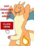  2021 absurd_res advertisement anthro balls biped blep charizard dabelette dragon english_text erection fangs fire foreskin front_view genitals hands_behind_head hi_res humanoid_genitalia humanoid_penis male mouse_cursor multicolored_body nintendo non-mammal_balls nude orange_body penis pok&eacute;mon pok&eacute;mon_(species) seductive simple_background solo tan_body text tongue tongue_out two_tone_body video_games white_background white_eyes wings 