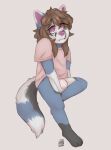  anthro blue_body blue_fur brown_hair canid canine clothed clothing diaper fox fur hair hi_res male mammal matthew_the_fox maxwtv partially_clothed pink_diaper pink_eyes pink_nose simple_background solo topwear young 