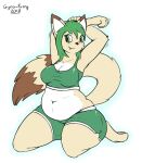  2018 anthro barefoot belly belly_overhang blush bottomwear bra breasts cleavage clothed clothing domestic_cat exercise exercise_clothing feet felid feline felis female fluffy fluffy_tail fur green_eyes green_hair gyro-furry hair hazel_verday hi_res hybrid kneeling mammal navel overweight overweight_female pawpads procyonid raccoon shorts signature simple_background slightly_chubby smile solo sports_bra stretching tan_body tan_fur teeth thick_thighs underwear white_background white_body white_fur 