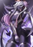  anthro black_nose braided_hair clothed clothing girly hair hi_res horn hybrid kuroame male membrane_(anatomy) membranous_wings open_mouth red_eyes rhoxy_phosynth solo teeth tongue white_hair wings 