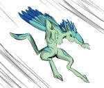  absurd_res anthro avali blue_body blue_feathers countershading digitigrade double-zr-tap feathered_wings feathers female green_body green_eyes gyrotech hi_res luvashi pounce winged_arms wings 
