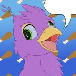  1:1 avian beak bird derp_eyes drumstick_(food) feathers feral galliform green_eyes gryphon gyro_feather hi_res magicalfurry male mythological_avian mythology open_mouth peafowl phasianid pink_body solo speech_bubble 