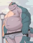  alligator alligatorid anthro blush bulge clothing crocodilian genitals hi_res looking_at_viewer male moki mostly_nude navel overweight overweight_male penis reptile scalie solo underwear undressing 