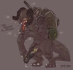  2021 anthro backpack balls bedroll bethesda_softworks black_horn black_knot black_penis bodily_fluids breath claws curved_horn deathclaw dialogue dripping english_text erection fallout finger_claws genital_fluids genitals gesture glowing glowing_eyes grey_background grey_balls grey_body grey_claws grey_scales grey_spikes hi_res horn knot male muscular muscular_anthro muscular_male on_ground panting penis pointing precum precum_drip precum_on_ground precum_string red_tongue redishdragie ridged_horn ridged_penis scales scalie signature simple_background solo spikes standing teeth text toe_claws tongue tongue_out vein veiny_knot veiny_penis video_games yellow_eyes 