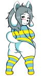  anthro biped blush breasts butt canid canine clothing felid feline female fur genitals hair hdddestroyer hi_res legwear mammal pussy short_stack simple_background solo stockings tem temmie_(undertale) undertale undertale_(series) video_games white_background white_body white_fur 