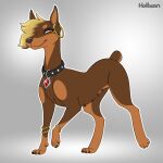  1:1 2021 blonde_hair bracelet brown_body brown_fur canid canine canis collar digital_drawing_(artwork) digital_media_(artwork) digitigrade dobermann domestic_dog ear_piercing ear_ring female feral fur grey_background hair halbean hi_res jewelry looking_at_viewer mammal multi_nipple multicolored_body multicolored_fur nipples paws pepper_(halbean) piercing pinscher short_tail simple_background smile solo two_tone_body two_tone_fur yellow_eyes 