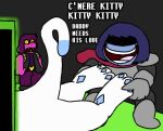  ambiguous_gender anonymous_artist armor clothing deltarune english_text female feral glowing grabbing_legs group holding_legs human kris_(deltarune) low_res mammal mischievous_smile monster shocked_expression susie_(deltarune) tasque text undertale_(series) video_games 
