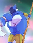  anthro big_butt bigdon1992 blue_body blue_fur blue_hair breasts bubble_butt butt canid canine clothing digital_media_(artwork) female fox fur hair hi_res huge_butt krystal low-angle_view mammal mostly_nude nintendo rear_view solo star_fox thick_thighs video_games white_body white_fur worm&#039;s-eye_view 