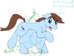  4:3 abdominal_bulge ambiguous_gender ambiguous_prey blue_body blue_eyes brown_hair cutie_mark dialogue earth_pony equid equine feral feral_pred feral_prey gyrotech hair hasbro hi_res horse kassc male male_pred mammal my_little_pony open_mouth pony same_size_vore swift_sketch_(character) vore 