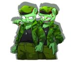  007crab anthro blood bodily_fluids broken_glass camo camo_clothing camo_print camo_topwear clothed clothing dog_tags dual_persona duo flippy_(htf) fully_clothed fur glass green_body green_fur happy_tree_friends hat headgear headwear hi_res male mammal pattern_clothing pattern_topwear sharp_teeth shirt smile square_crossover sweat tank_top teeth topwear ursid 