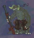  2021 anthro bag balls_outline belt belt_buckle bethesda_softworks bottomwear breath buckle bulge claws clothing curved_horn deathclaw dialogue english_text eyes_closed fallout finger_claws genital_outline gradient_background green_body green_horn green_scales greeting gun hi_res holding_object holding_weapon horn male muscular muscular_anthro muscular_male on_ground penis_outline ranged_weapon redishdragie ridged_horn rifle scales scalie signature simple_background skirt smile solo standing teeth text thick_tail toe_claws underwear video_games weapon white_claws 