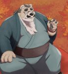  2021 anthro asian_clothing autumn belly black_nose brown_body clothing cute_fangs detailed_background east_asian_clothing eyewear facial_hair glasses hi_res humanoid_hands japanese_clothing kemono leaf male mammal mature_male mustache o_miso_n outside overweight overweight_male sitting solo ursid 