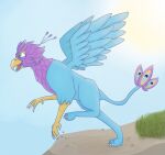  avian beak bird bird_feet blue_body cliff datburger feathered_wings feathers feral galliform green_eyes gryphon gyro_feather hi_res male mythological_avian mythology paws peafowl phasianid pink_body quadruped solo spread_wings tail_tuft tuft wings 