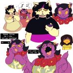  1:1 accessory ambiguous_gender annoyed anthro apron arms_out black_hair blush bodily_fluids bodypaint breasts brown_hair catti_(deltarune) catty_(undertale) claws clothed clothing deltarune dialogue dialogue_box domestic_cat dress duo_focus embarrassed english_text face_paint fangs felid feline felis flower flower_in_hair flying_sweatdrops front_view frown fully_clothed fur group hair hair_accessory hair_over_eyes half-closed_eyes hand_on_face happy hi_res highlights_(coloring) holding_note_pad holding_object holding_pen hug_invitation human kris_(deltarune) lei lute mammal multiple_images musical_instrument musical_note narrowed_eyes neutral_expression notebook obscured_eyes open_mouth open_smile pen plant playing_music plucked_string_instrument poogyl pupils purple_highlights shirt short_hair sibling signature simple_background singing sister sisters sitting slit_pupils smile standing string_instrument sweat sweatdrop text topwear ukulele undertale_(series) video_games waiter whiskers white_body white_fur yellow_body yellow_sclera yellow_skin 
