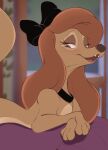  blush brown_hair canid canine canis detailed_background disney dixie_(fath) domestic_dog female fox_and_the_hound hair hi_res hunting_dog inside lying mammal on_front open_mouth open_smile saluki sighthound smile solo tohupo 
