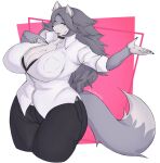  alldropped anthro big_breasts big_butt black_nails blue_eyes breasts butt canid canine canis clothing collar colored_nails female gezo_(alldropped) half-closed_eyes hi_res mammal nails narrowed_eyes ring simple_background solo thick_hair thick_thighs tight_clothing wide_hips wolf 