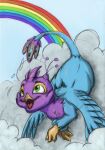  absurd_res avian beak bird bird_feet blue_body cloud cutepencilcase feathered_wings feathers feral flying galliform green_eyes gryphon gyro_feather gyrotech hi_res male mythological_avian mythology paws peafowl phasianid pink_body quadruped rainbow solo tail_tuft tuft wings 
